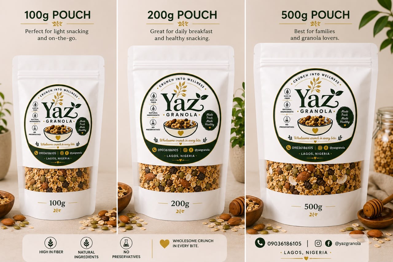 Yaz Granola pouches in 100g, 200g and 500g sizes